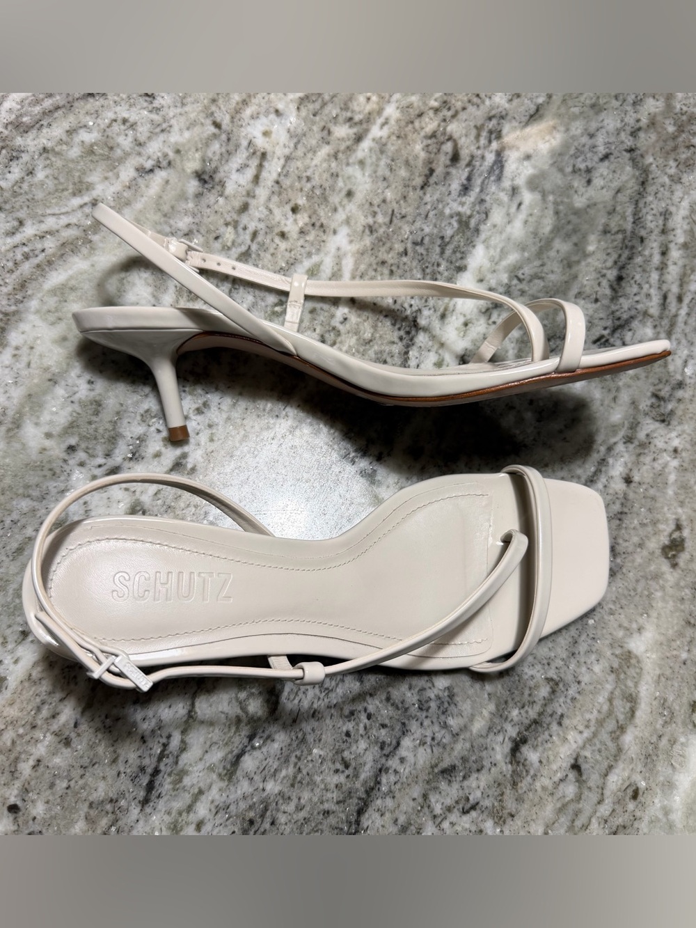 SCHUTZ Heloise 7.5 Kitten Heel Ivory Patent Leather Minimal Strap Heels EUC